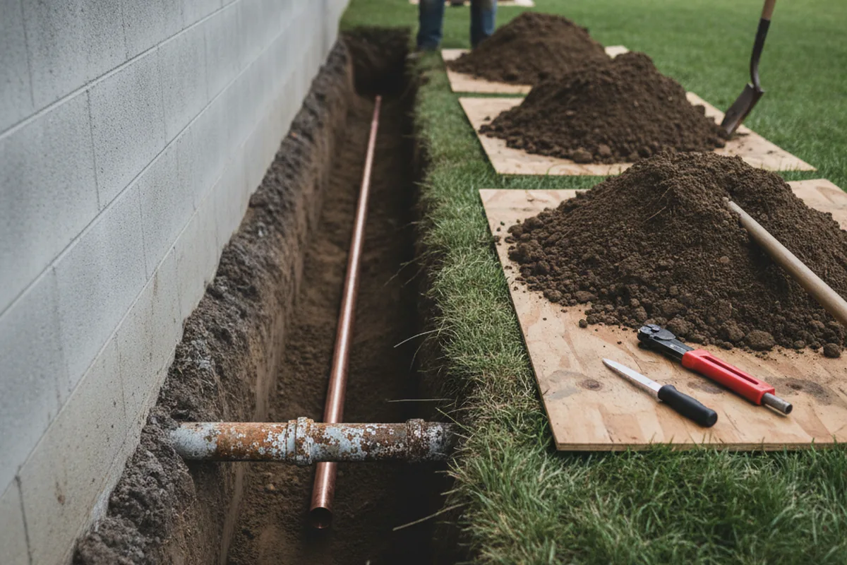 Excavated water line trench during Sewer Line Repair in Stonewall